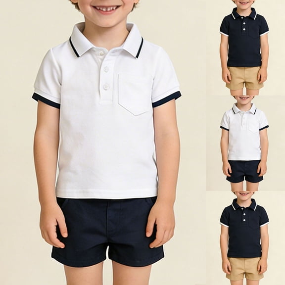 Afuyipoi Boys School Uniform Polos(for 0-10) Short Sleeve Solid Color Button-Down Lapel Back to School T-shirt For Boys Navy Size 3T