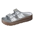 thumbnail image 7 of Rokment Women's Double Buckles Platform Slides Sandals Classic Casual Wide Width Open Toe Chunky Flat Comfortable Walking Slip on Slippers for Indoor Outdoor Waterproof Silver Size 6, 7 of 7