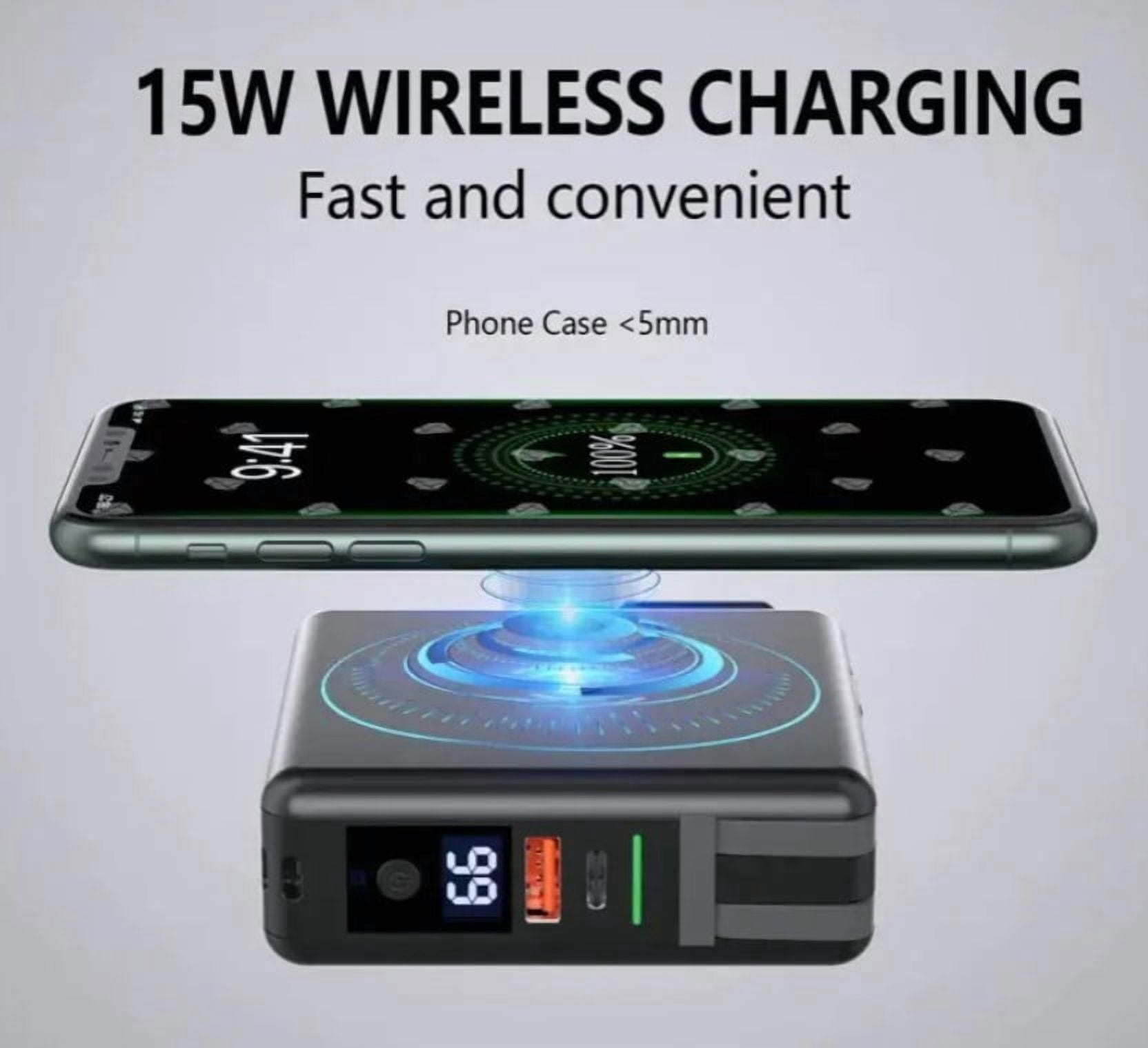 5 in 1 Travel Power Bank Magnetic Wireless Charger Fast Charger AC plug 3 Global Adapters Build in Cables Phone Stand 10000 mAh, White