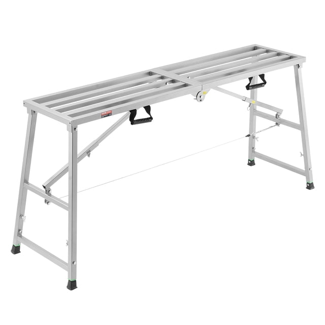 VEVOR Work Platform Adjustable Height Portable Scaffolding Platform with a load capacity of 800 lbs, designed for home improvement tasks. Made of galvanized steel, it features a foldable design, telescopic legs for height adjustment, and a sturdy triangular structure with non-slip feet for stability. Ideal for elevated tasks like painting, maintenance, or as an extension ladder.