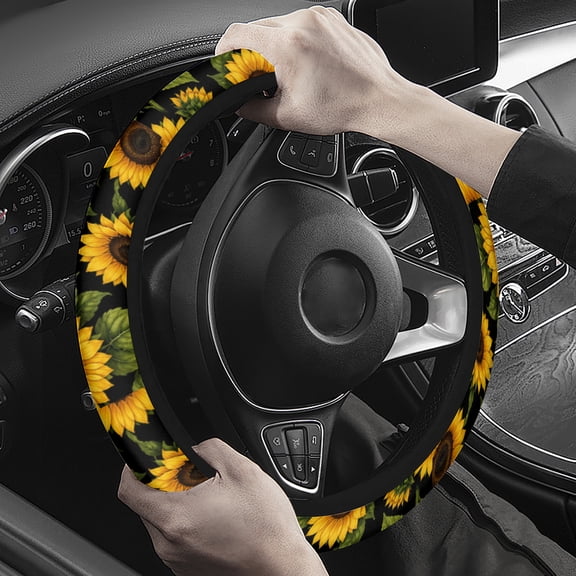 Steering Wheel Cover with Yellow Sunflower Pattern on Black, Soft Plush Comfortable Grip, Bold Floral Car Interior Accessory for Everyday Driving and Road Trips
