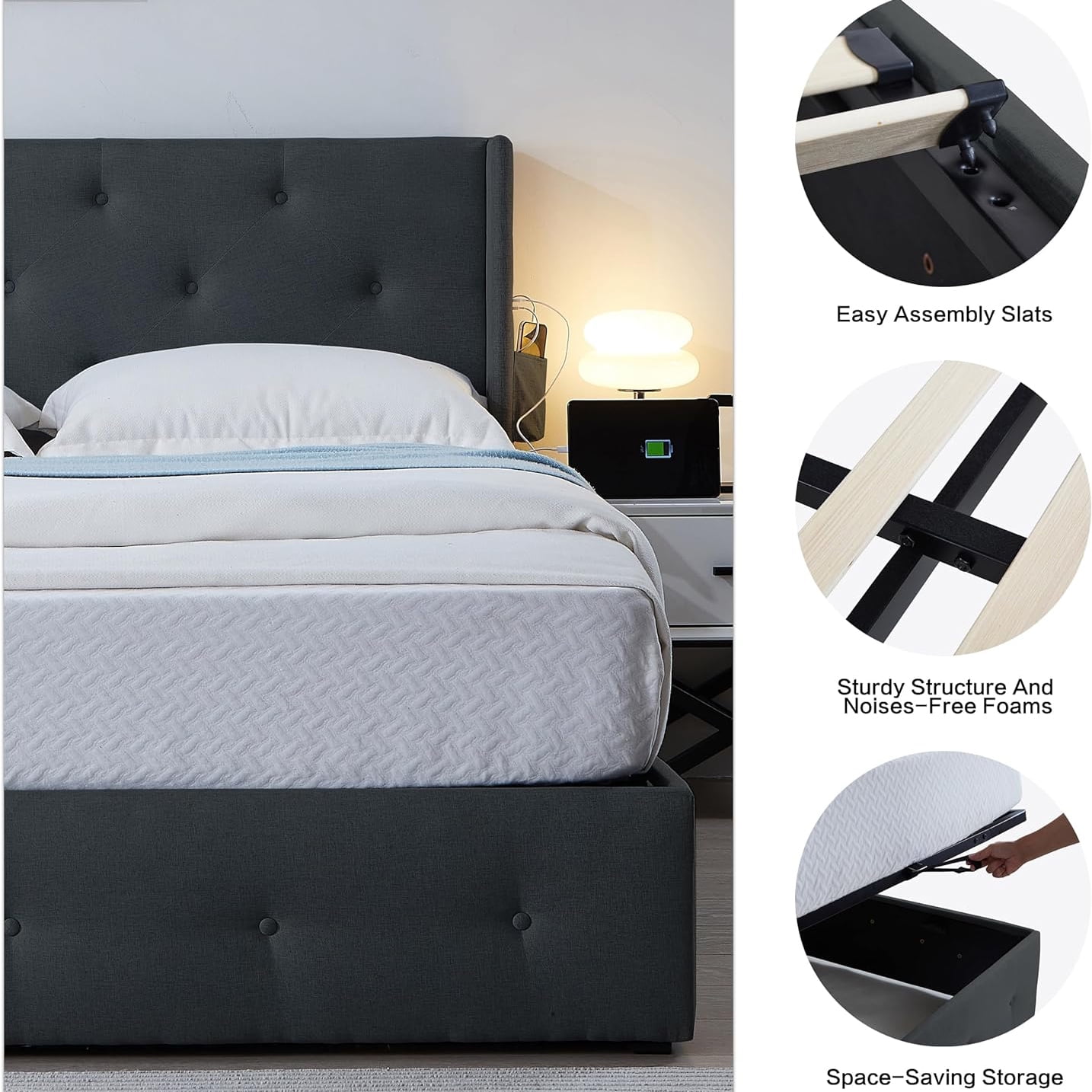 Miniyam Full Size Lift Up Bed with Wingback Headboard, USB Ports, Dark Gray