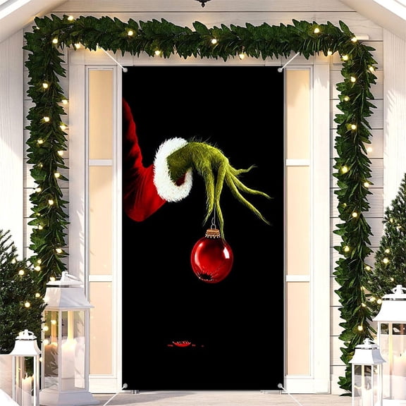 36x72in Green Monster Hand Bauble Christmas Door Cover Front Door Banner for Holiday Home and Porch Decorations