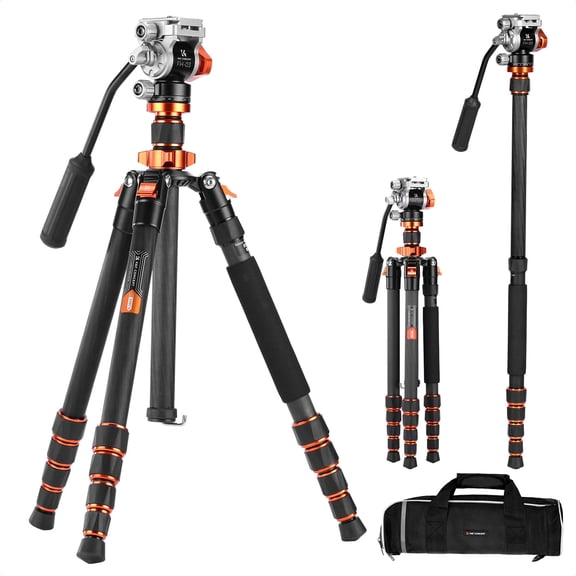 K&F CONCEPT 67"/1.7m Carbon Fiber Lightweight Camera Tripod with Hydraulic Video Tripod Head, Foldable, Detachable Single Leg, Metal Screw Lock