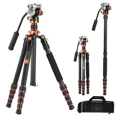 K&F CONCEPT 67"/1.7m Carbon Fiber Lightweight Camera Tripod with Hydraulic Video Tripod Head, Foldable, Detachable Single Leg, Metal Screw Lock