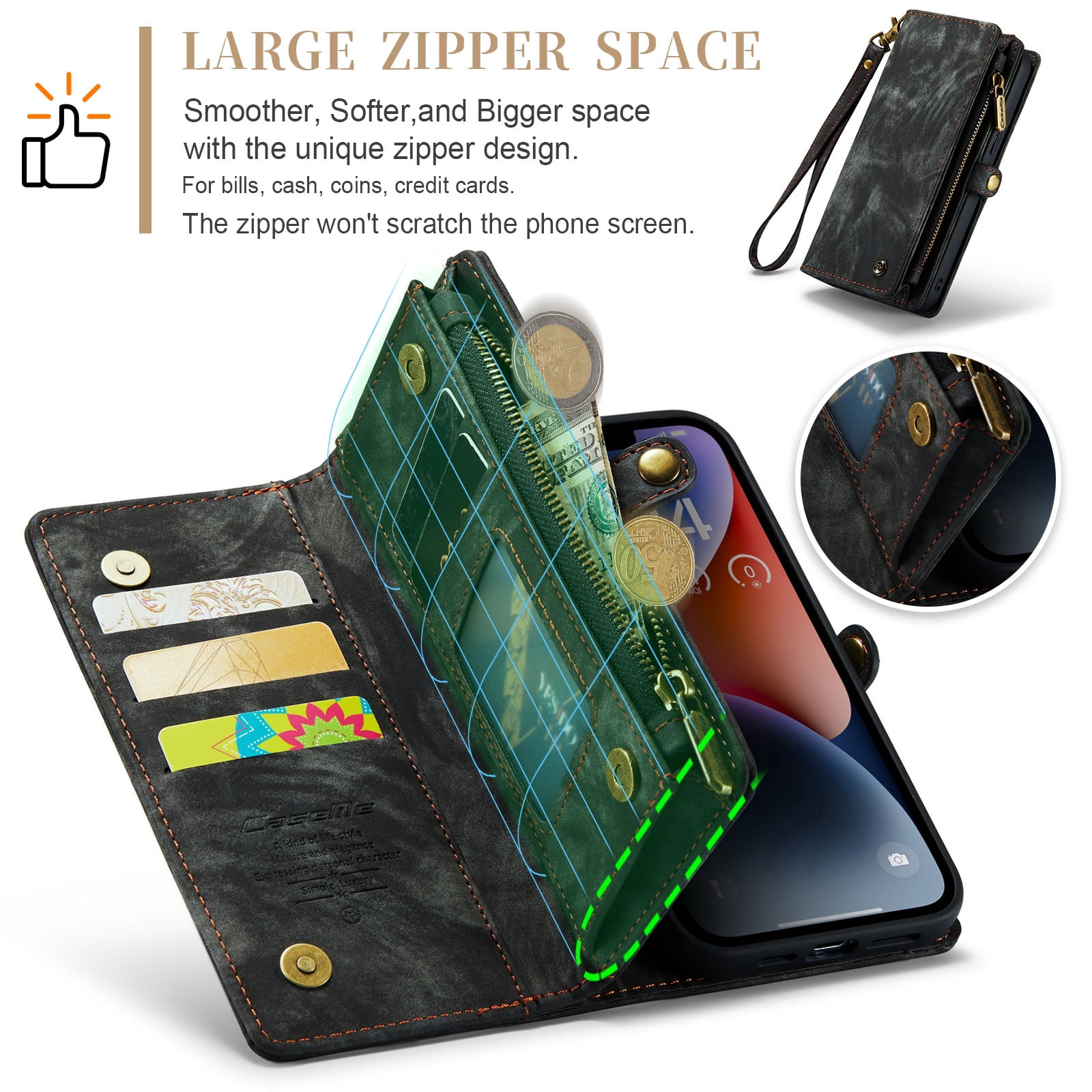 For Apple iPhone 15 Plus Wallet Case,Multi-Functional Retro Leather Purse Flip Cover Zipper Wallet Case with Removable Card Slots Pocket & Detachable Wrist Strap Magnetic Phone Case, Black