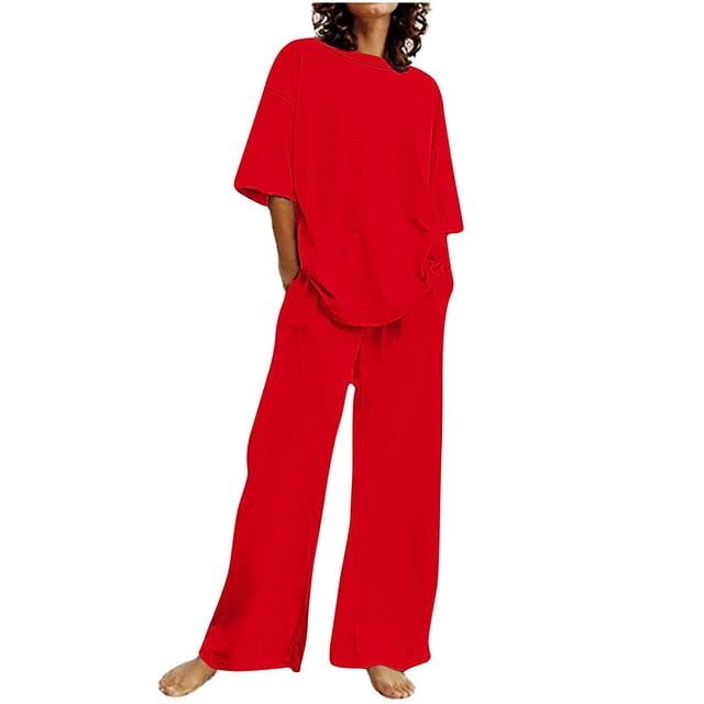 Hot6sl Économies d'Été Liquidation Ensembles Blouses & Chemises à Manches Courtes Col Rond, Haut Décontracté Uni pour Femmes avec Pantalon et Ensemble Col Rond, Ensemble pour Femmes Rouge, m