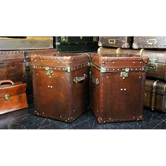 Nauticalmart Bespoke Handmade Antique Leather Tall Occasional Side Table Trunk (Set of Two)