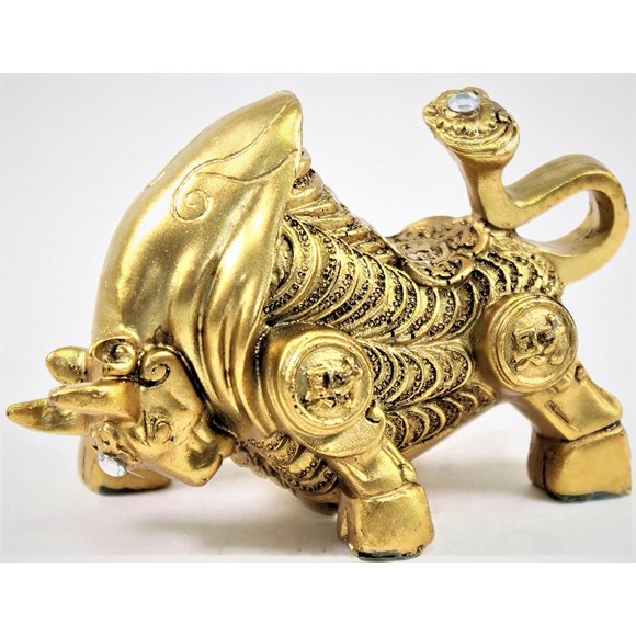 Feng Shui 4" Golden Money Bull ~ Ox Wealth Statue Figurine Chinese Zodiac Home Decor Gift ~ Wall Street Golden Bull