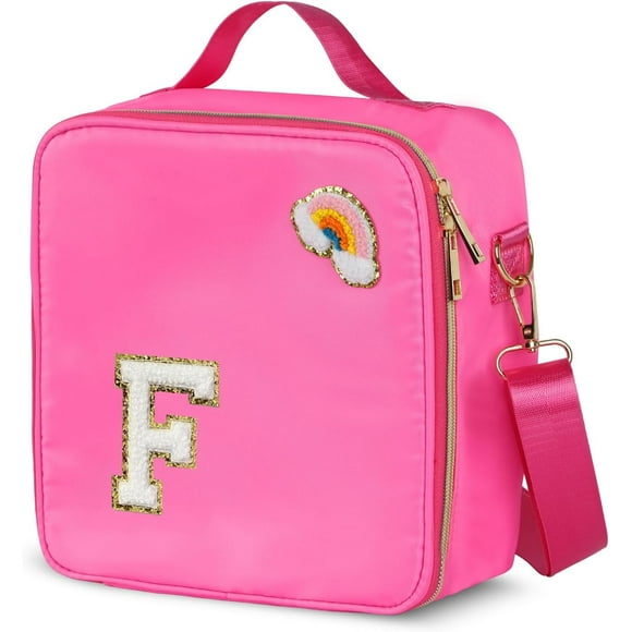 shiyou-Insulated Nylon Lunch Box for Girls, Kids, and Women-Stylish (Letter 'F'),Pink Preppy Large Lunch Bag with Adjustable Strap, Tote for School, Travel, and Picnics-Ideal Preppy Stuff Choice