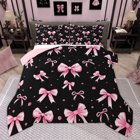 Homewish Modern Fashion Bowknot Bedding Comforter Set for Kids, Black Pink Bow-tie Twin Comforter Sets, Princess Style Reversible Bedding Set, Super Cozy Room Decor, 2 Pieces