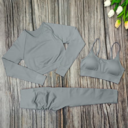 KANG Women s 3pcs Seamless Workout Outfits Sets  Yoga Long Sleeve Sportswear Tracksuit Leggings and Stretch Sports Bra Fitness