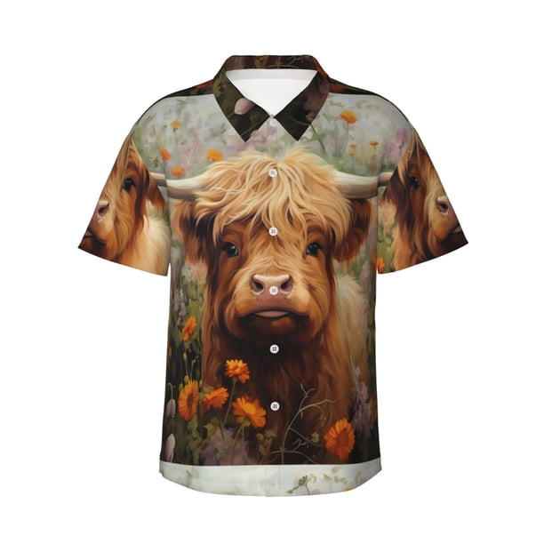 Balery Cute Floral Cow Camisas hawaianas de manga corta para hombre, camisas playeras de corte holgado, camisas de vacaciones con botones,Medium