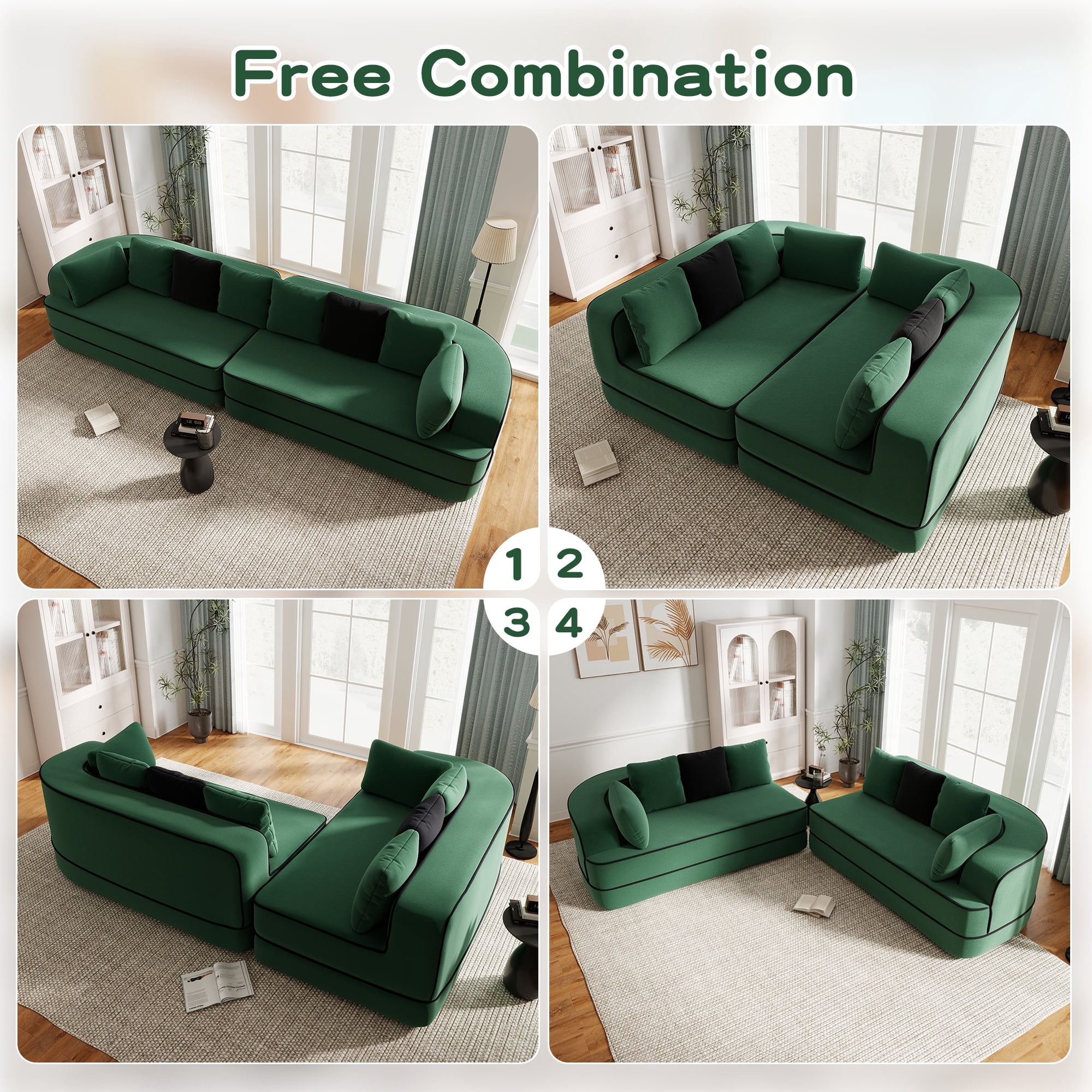 MAYEERTY 134.7" 4-Seat Teddy Fabric Boneless Sofa, Green 1200LBS Capacity 32D Foam No Assembly Oversized Couch for Living Room