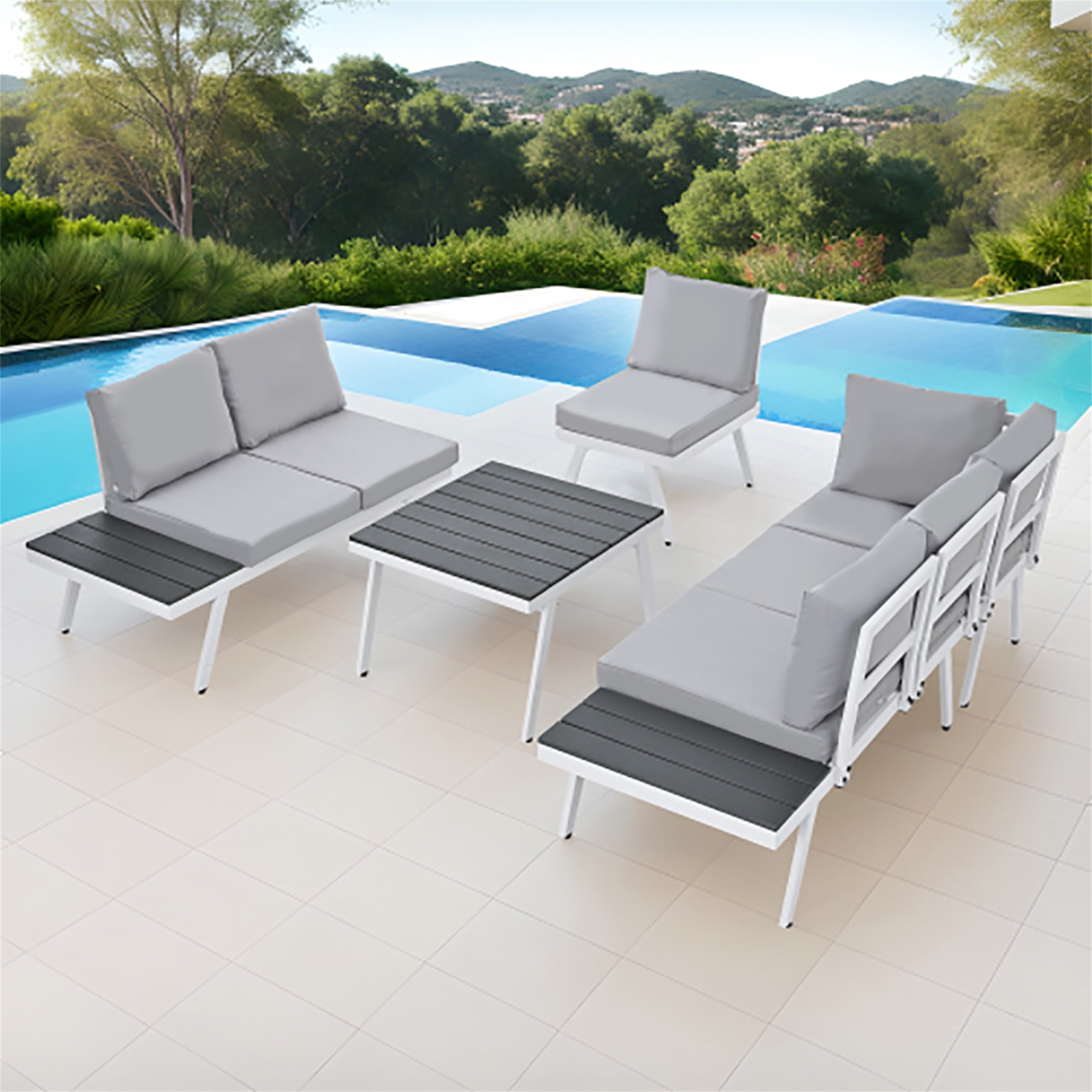 Kadyn Industrial 5-Piece Aluminum Outdoor Patio Furniture Set,Modern Garden Sectional Sofa Set with End Tables, Coffee Table and Furniture Clips for Backyard, Gray Kadyn Industrial 5-Piece Aluminum Outdoor Patio Furniture Set,Modern Garden Sectional Sofa Set with End Tables, Coffee Table and Furniture Clips for Backyard, Gray
