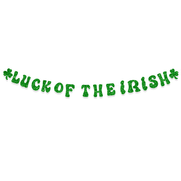 Luck of the Irish Glitter Banner, Green, St. Patrick's Day Party Decoration with Shamrock Accents