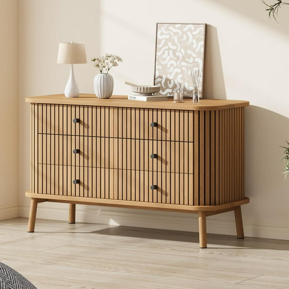 6 Drawer Dresser, Horizontal Chests of Double Drawers for Bedroom, Mid Century Dresser with Black Handles and Wooden Legs, Storage Drawer Organizer for Closet, Hallway, Entryway, Natural