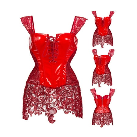 SAYFUT Fashion Women's Shiny Faux Leather Gothic Steampunk Corset Dress Lace Skirt Red Size S-6XL
