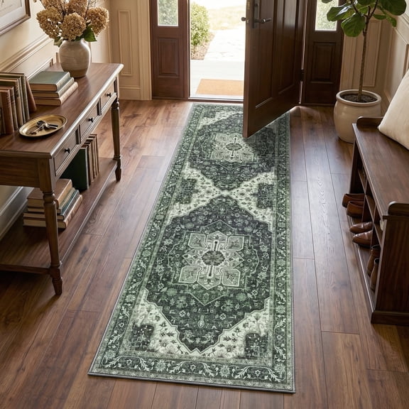 WANLISELL 2ft x 6ft Hallway Runner Rug, Non-Slip Machine Washable Vintage Floral Area Rugs, Soft Indoor Carpet for Bedroom, Dark Green
