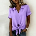 thumbnail image 4 of dazeni Summer Linen Shirts for Women Tie Front V Neck Shirts Lightweight Lapel Short Sleeve Blouse Tops Purple 3X-Large, 4 of 5