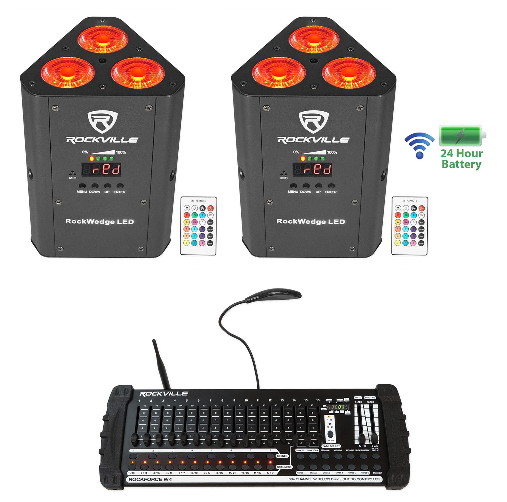 (2) Rockville RockWedge LED Battery Lights+384 Channel Wireless DMX