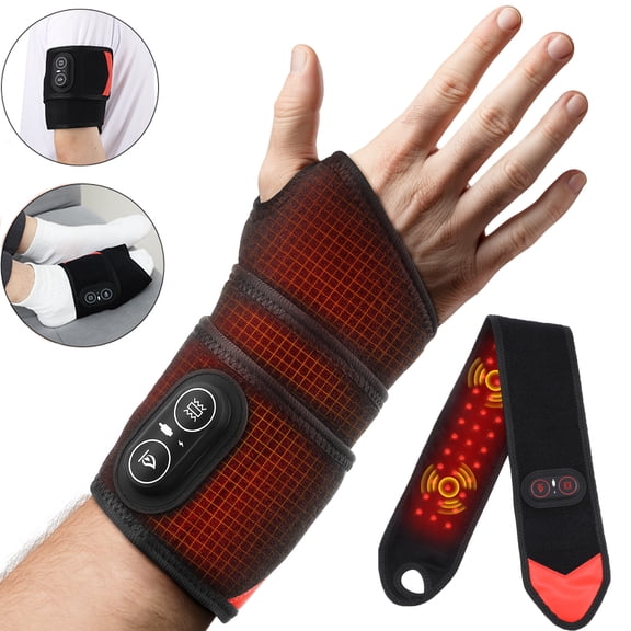 Cordless Wrist Heating Pad with Massage, Rechargeable Heated Wrist Wrap with 3 Heat Levels & 3 Vibration Modes, 3000mAh Heated Wrist Brace, Black