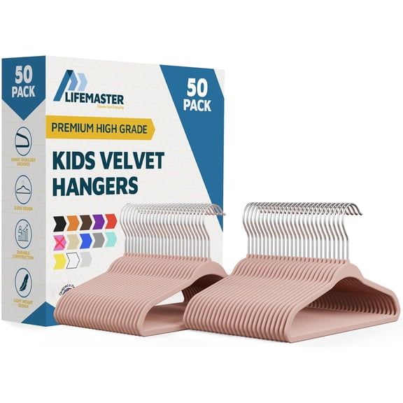 Lifemaster Velvet Kids Hangers, 50-Pack Non-Slip Baby & Toddler Clothes Hangers, Slim Space-Saving with Swivel Hook, Pink