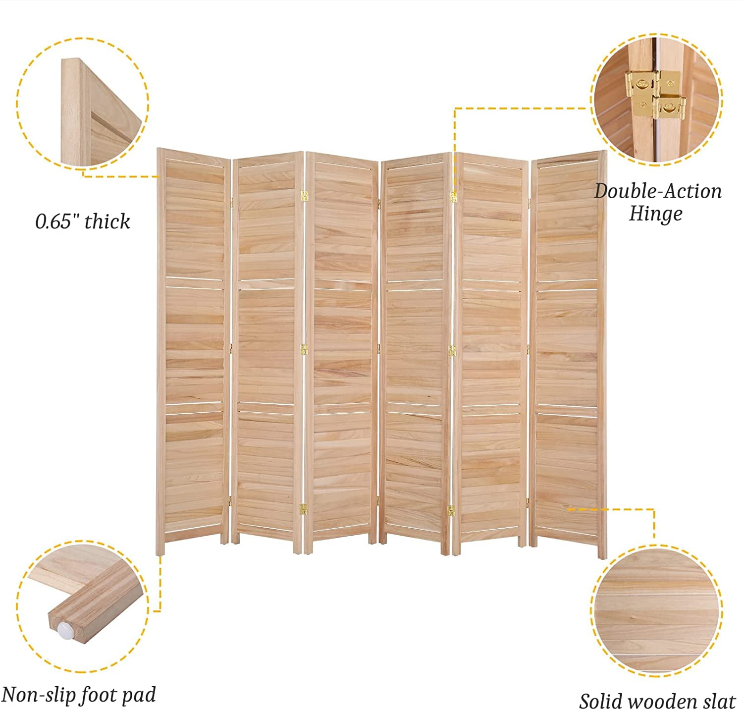 Bonnlo Wood Room Divider Privacy Screen, 5.9 Ft Tall Folding Partition Wall Divider, Freestanding Space Separator
