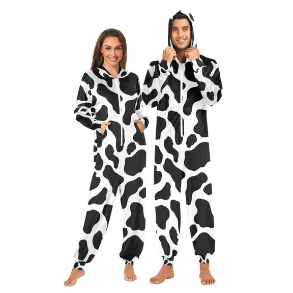 Adult Christmas Onesie Cow Stripes Zipper One-Piece Pajamas Unisex with Pockets