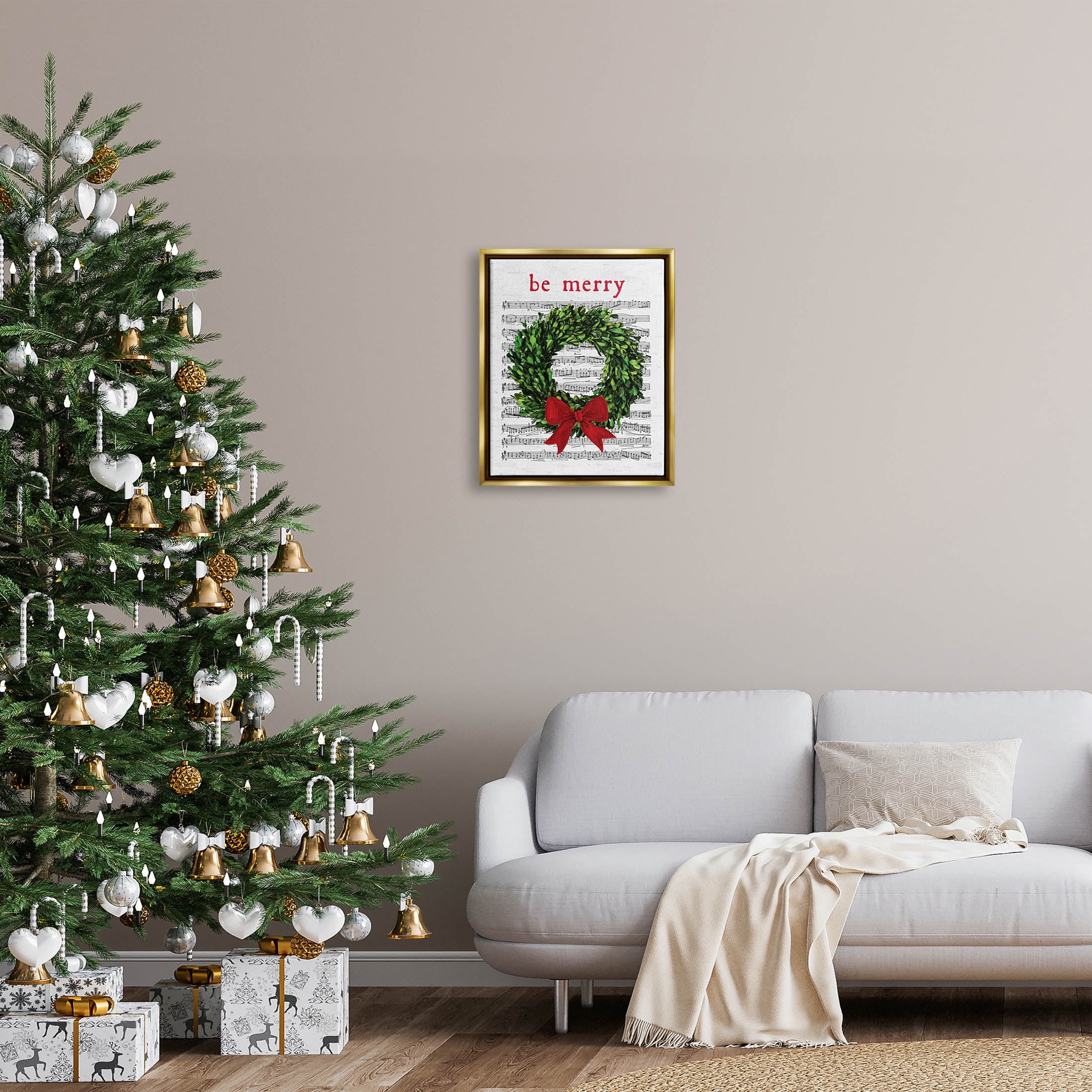Stupell Industries Be Merry Holiday Music Wreath Graphic Art Metallic Gold Floating Framed Canvas Print Wall Art, Design by Lettered and Lined