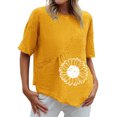 thumbnail image 1 of Chemises d'Été pour Femmes Col Rond Imprimé Coton Lin Haut Grande Taille Ourlet Irrégulier Décontracté Confortable Manches Courtes Blouse, 1 of 4