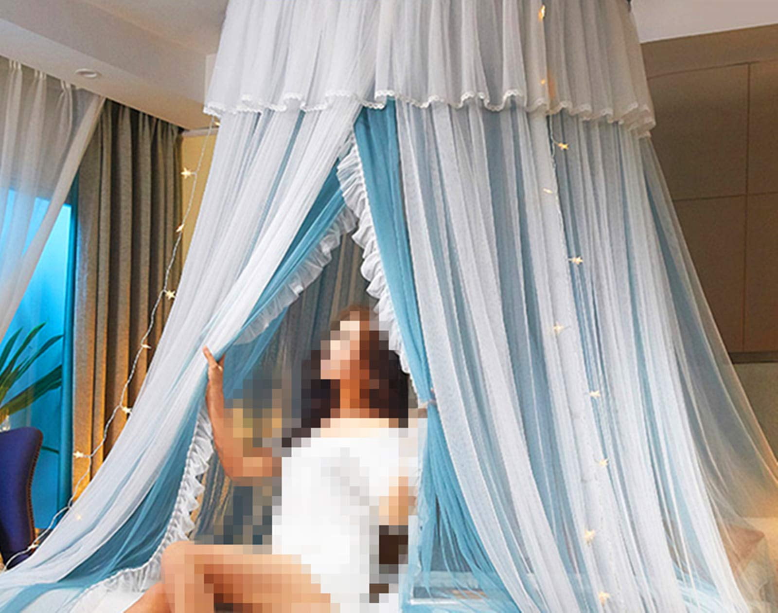 Princess Bed For Curtain- Double Layer Sheer Mesh Dome Round Lace Mosquito Net Tent(blue/white)