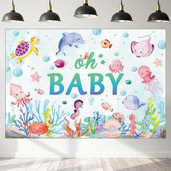 7x5FT Oh Baby Under The Sea Theme Baby Shower Beautiful Backdrop Ocean Theme Photography Background, Watercolor Marine Animals Design Oh Baby Ocean Baby Shower Photography Background