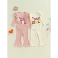 thumbnail image 4 of Aojekbee Little Girls Birthday Outfit Sets Flying Sleeve Letter Embroidery Tops Solid Color Flared Pants Sets, 4 of 10