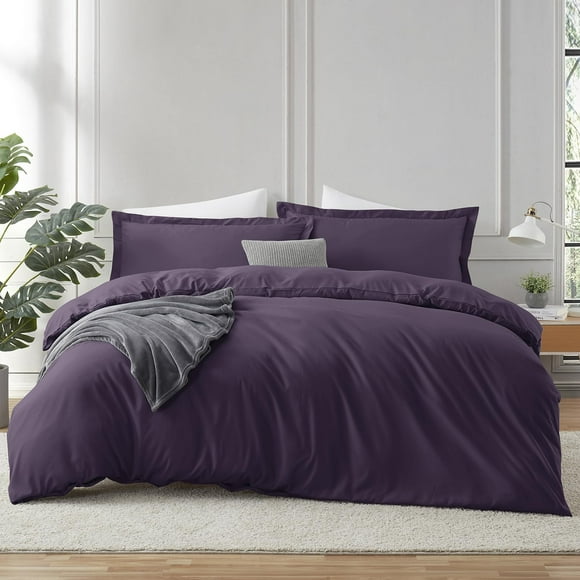 Hearth & Harbor Housse de Couette Violette Taille Complète - Ensemble de Housse de Couette 3 Pcs Taille Complète, Housses de Couette Double Brossées Douces avec Fermeture à Boutons, 1 Housse de Couette Complète 80x90 Pouces et 2 Taies d'Oreiller