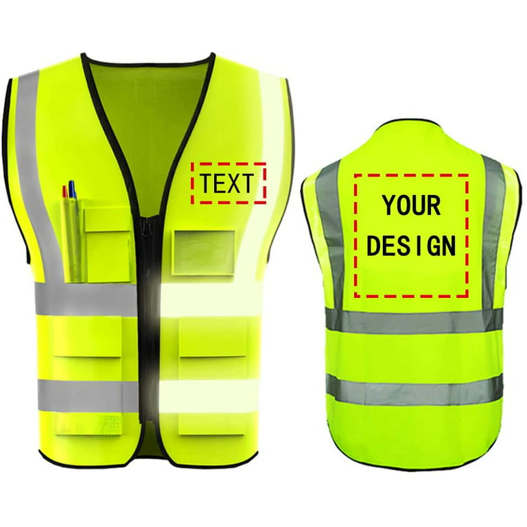 YOWESHOP High Visibility Safety Vest Custom Your Logo Protective Workwear 5  Pockets With Reflective Strips Outdoor Work Vest (Neon Yellow XL) 