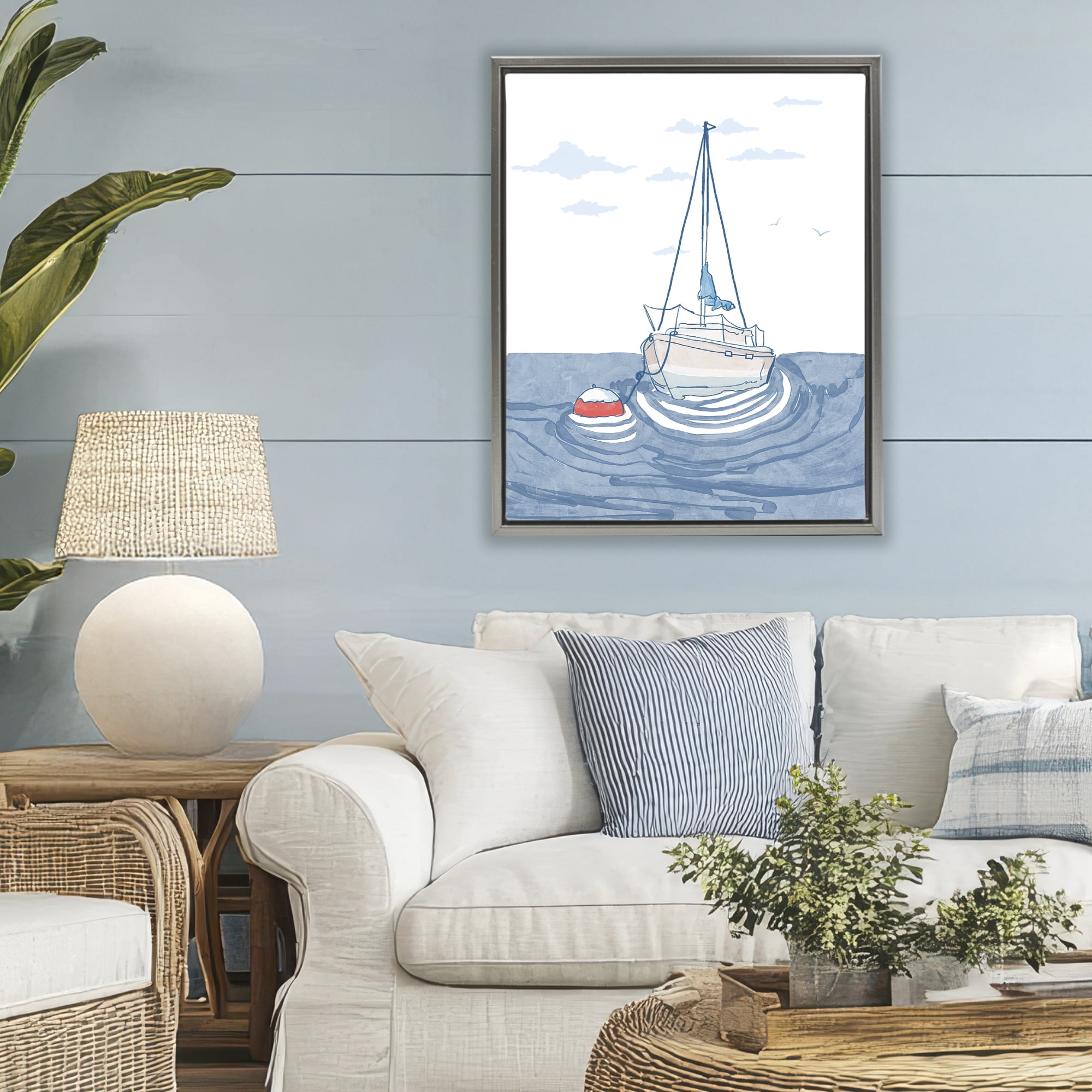 Stupell Industries Cool Tone Sailboat Floating Gray Framed Floater Canvas Wall Art, design by Melissa Tilley