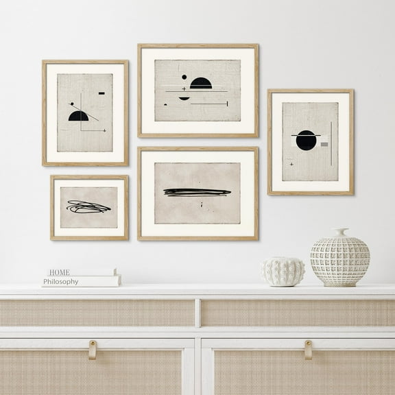 PixonSign Framed Canvas Print Wall Art Set - Black Sun Abstract Geometric Pattern Posters - Gallery Set of 5 Simple Brushstrokes Digital Art Minimal Zen Wall DƩcor for Living Room - Natural