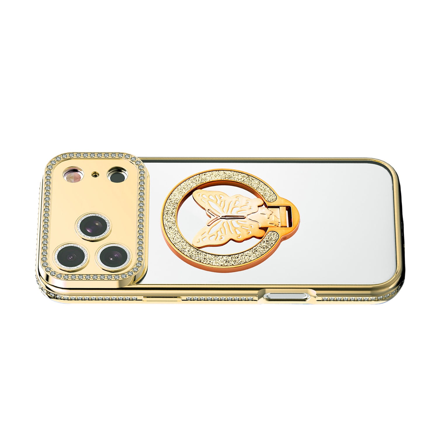 Sparkling Butterfly Stand Case for iPhone 17 Pro Max - Gold