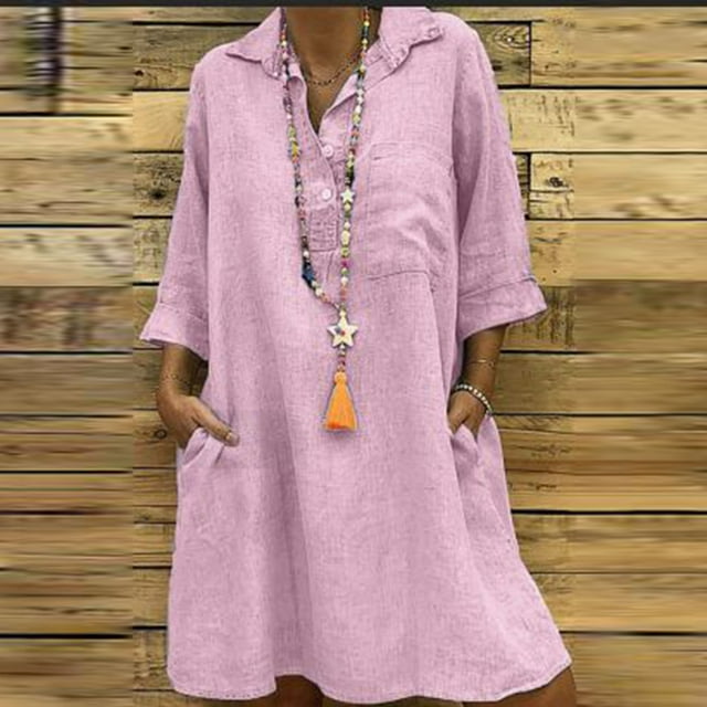 Gspmoly Robe d'Été, Robe à Revers en Coton et Lin pour Femmes de Printemps et d'Été à Boutons, Robe Chemise Décontractée avec Poches à Manches 3/4, Robes de Mariage pour Femmes Offres Prime