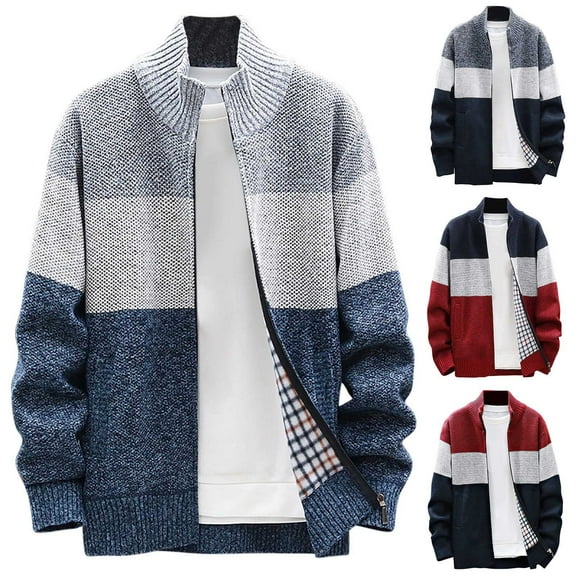 Miluxas Men's Cardigan Sweaters Knitted Stand Collar Regular Fit Jacket Full Zip Fleece Lined Winter Warm Coat Red