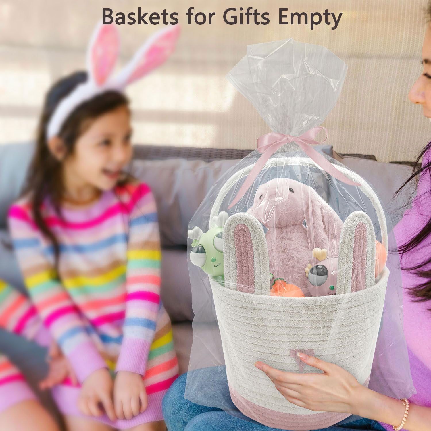Large Woven Easter Baskets for Girls & Kids - Empty Basket with Gift Bags and Ribbons Cute Easter Decorations Bunny Ears Designs (Pink)