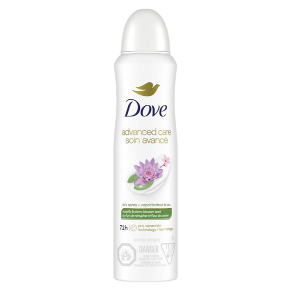 Dove Advanced Care Antiperspirant Dry Spray Waterlily & Cherry Blossom, 107 g