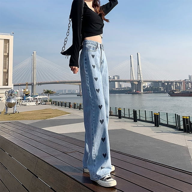 Pantalones vaqueros con estampado de corazón y pierna ancha para mujer, pantalones rectos con bolsillos y cintura alta, pantalones vaqueros holgados de estilo urbano, pantalones vaqueros