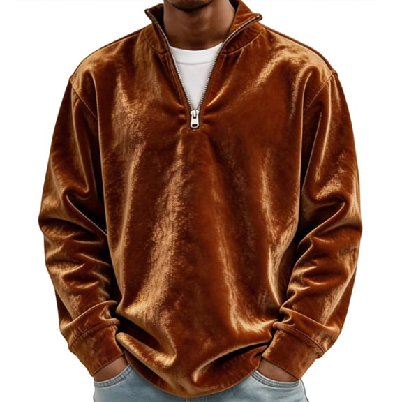 Guluxicc Solid Velour Sweatshirts for Men Warm Quarter Zip Ribbed Cuffs Mock Neck Long Sleeve Casual Sweatshirts for Fall Winter