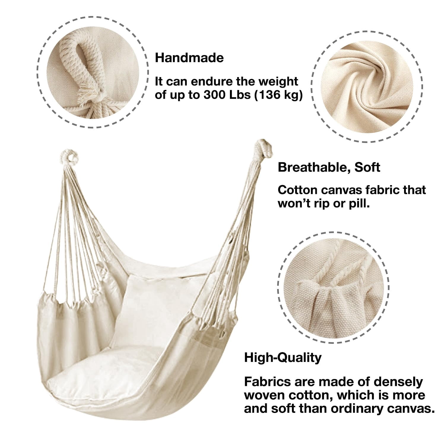 DONAMA Hammock Chair Hanging Rope Swing 330lbs Capacity 51"x39" Canvas for Indoor Outdoor Use Beige