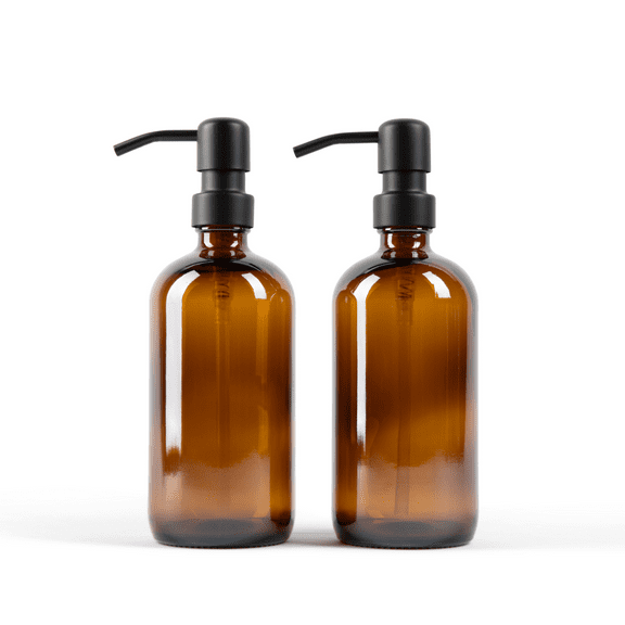 Essentra Home Two 16 oz. Amber Glass Soap Dispensers with Black Pump Set of 2 Refillable Bottles – Waterproof Labels and Foldable Silicon Funnel Included
