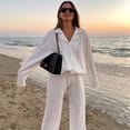 thumbnail image 4 of Dinheiro Conjunto de 2 piezas de trajes casuales para mujer, camisa de manga larga con botones, conjuntos de pantalones plisados de cintura alta (blanco), S,, 4 of 6