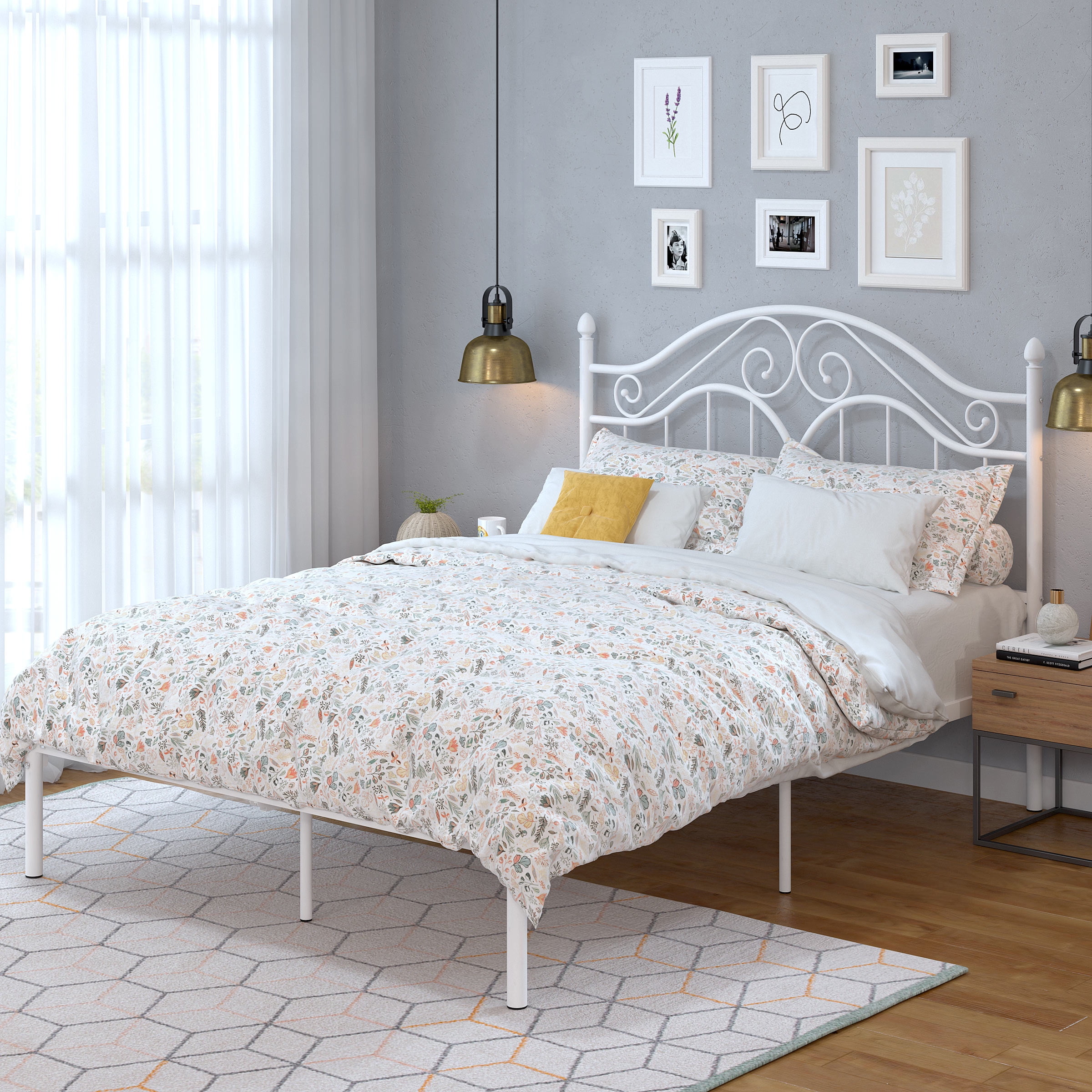 Yoneston Full Size Metal Platform Bed Frame with Vintage Headboard, Sturdy Steel Slat Mattress Foundation with 11" Under-Bed Storage, White