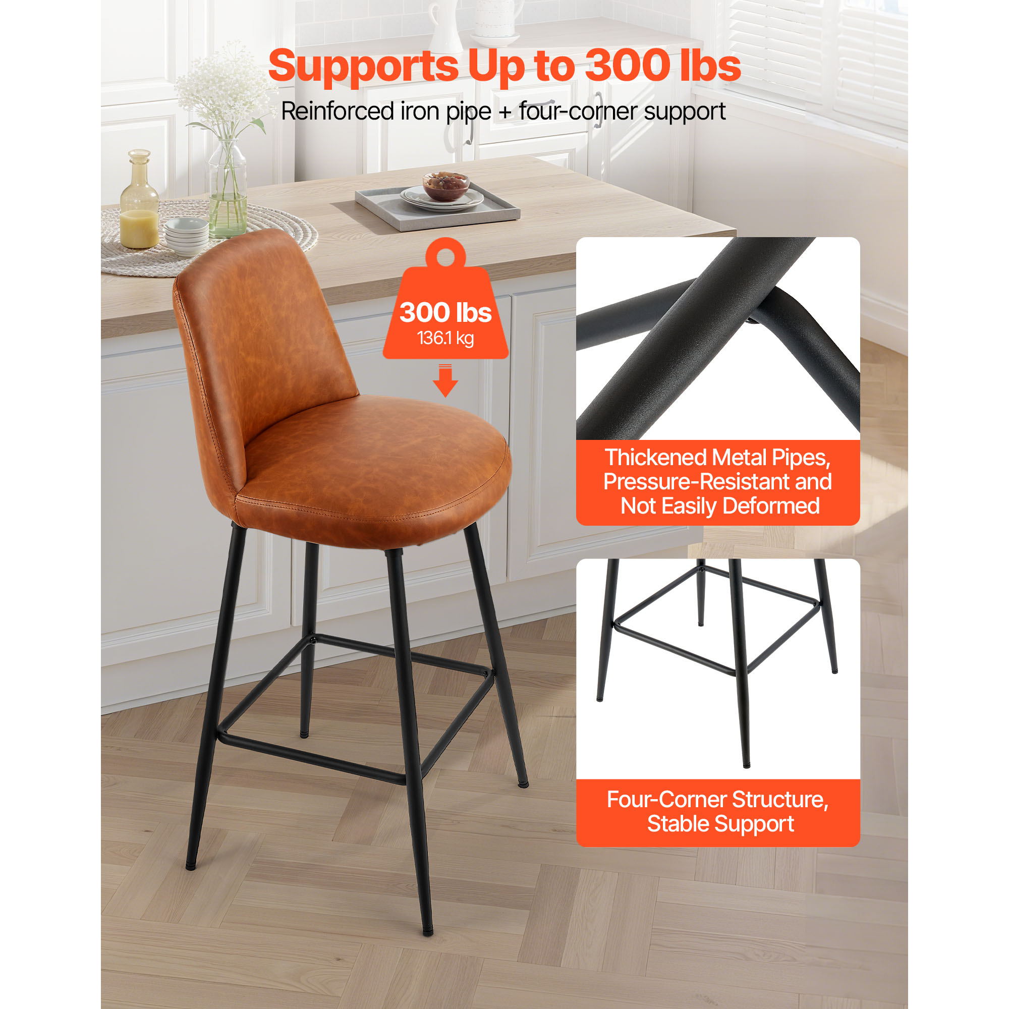 KFFKFF Set of 3 Counter Height Swivel Bar Stools, 27-Inch Modern PU Leather Chairs with Backrest and Metal Legs, Armless Design for Kitchen and Dining Room, Brown